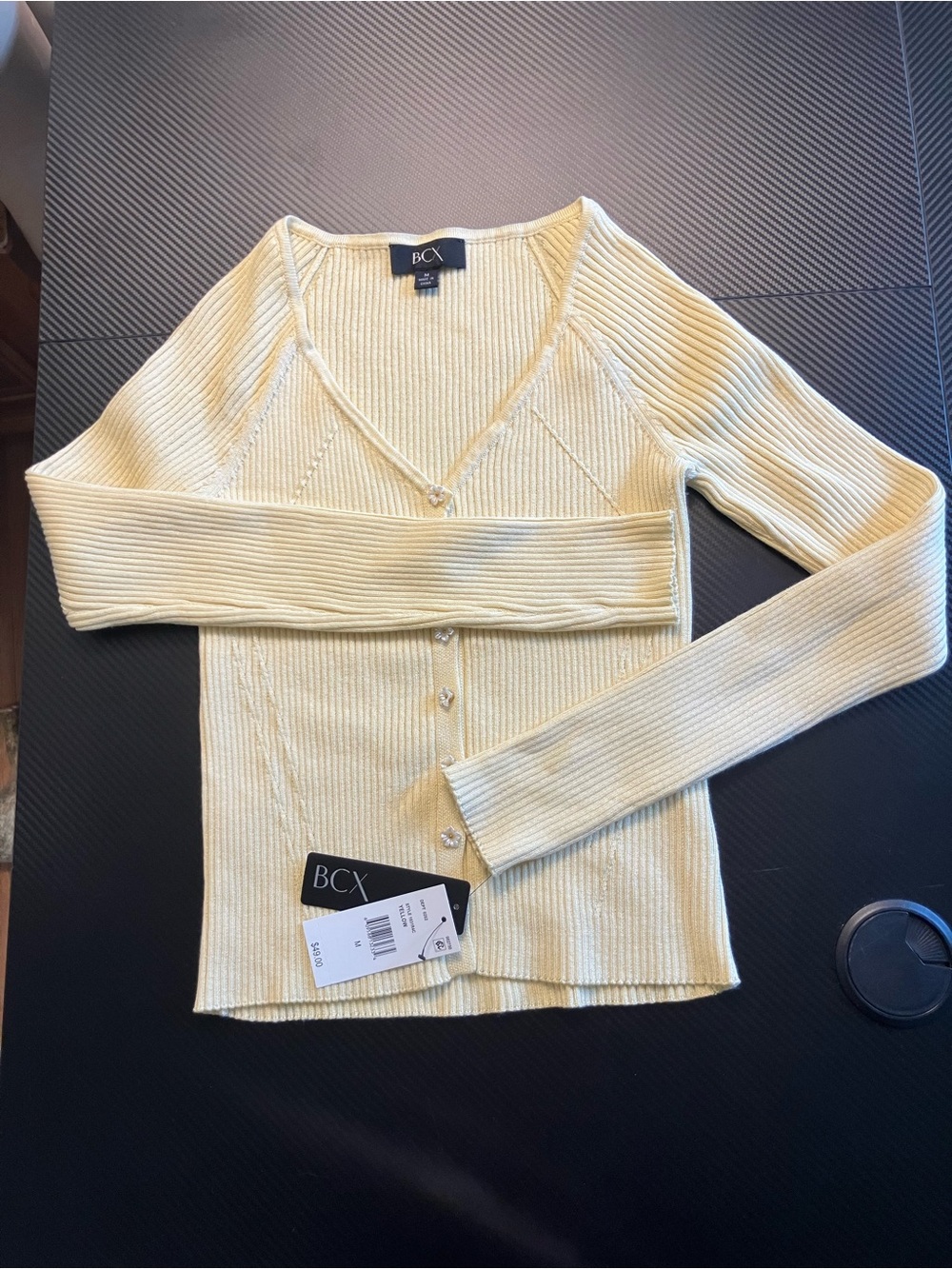 BCX Pale Yellow Ribbed V-Neck Button Front Cardigan